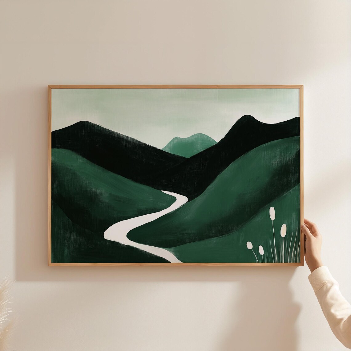 Minimalist Green Landscape, Winding River Art Print