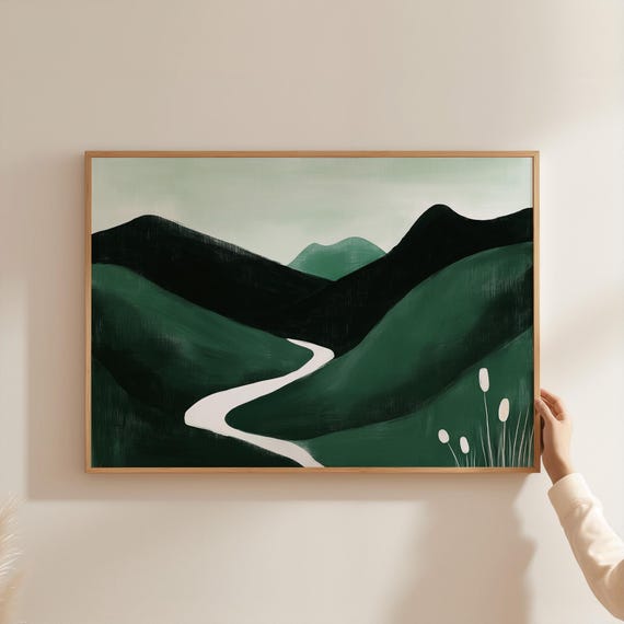 Minimalist Green Landscape, Winding River Art Print