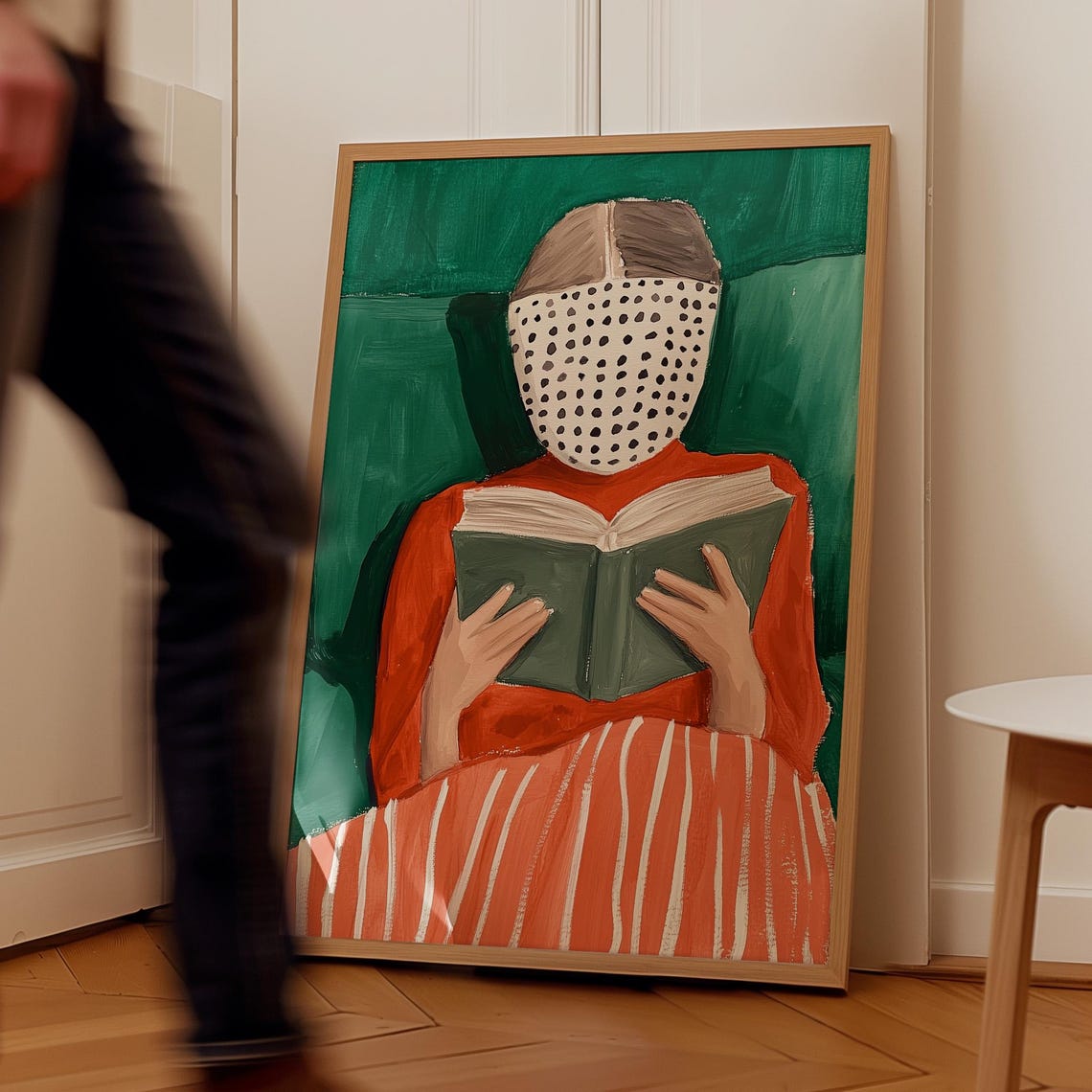 Dotted Face Woman Reading a Book in Red on a Green Ground Poster - Image 2