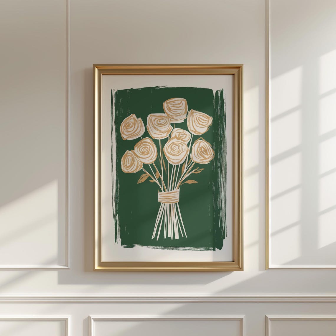 Golden Rose Bouquet On Dark Green Minimalist Floral Wall Art - Image 3