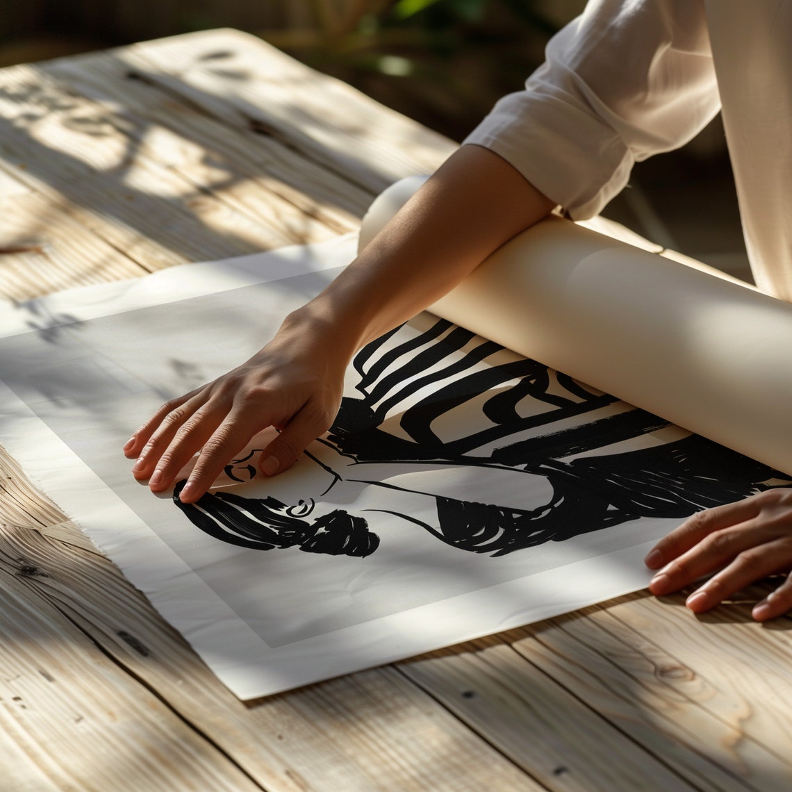 Contemplative Woman Ink Sketch with Flowing Striped Drapery Poster - Image 3