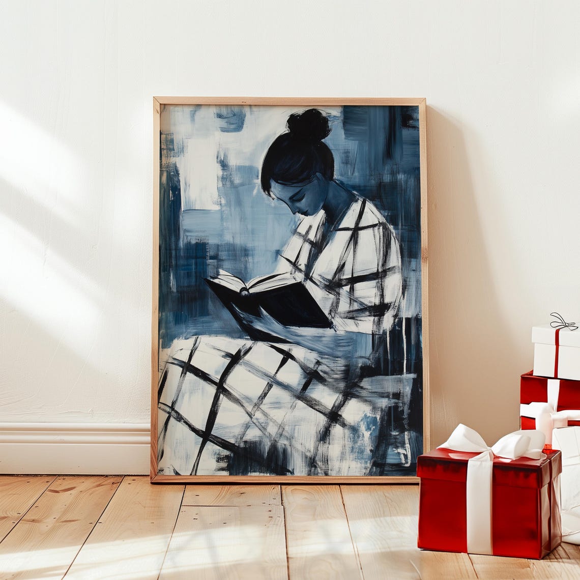 Abstract Figure Reading A Book In Blue Checkered Painting Wall Art - Image 3