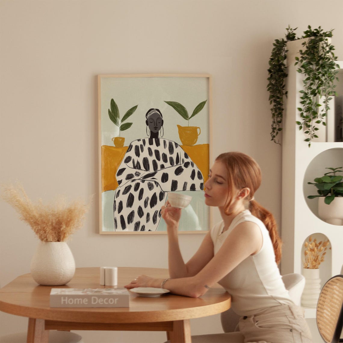 Woman In Dotted Robe Seated With Plants In Mustard Tones Art Poster - Image 5