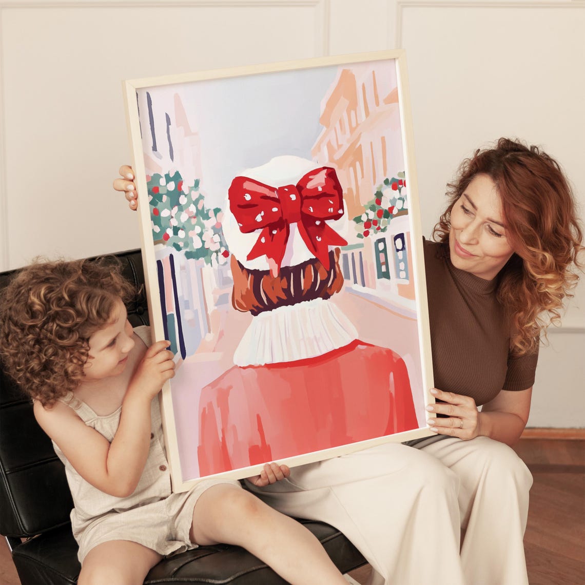Girl With a Red Bow Walking Down a Festive Holiday Street Poster - Image 2
