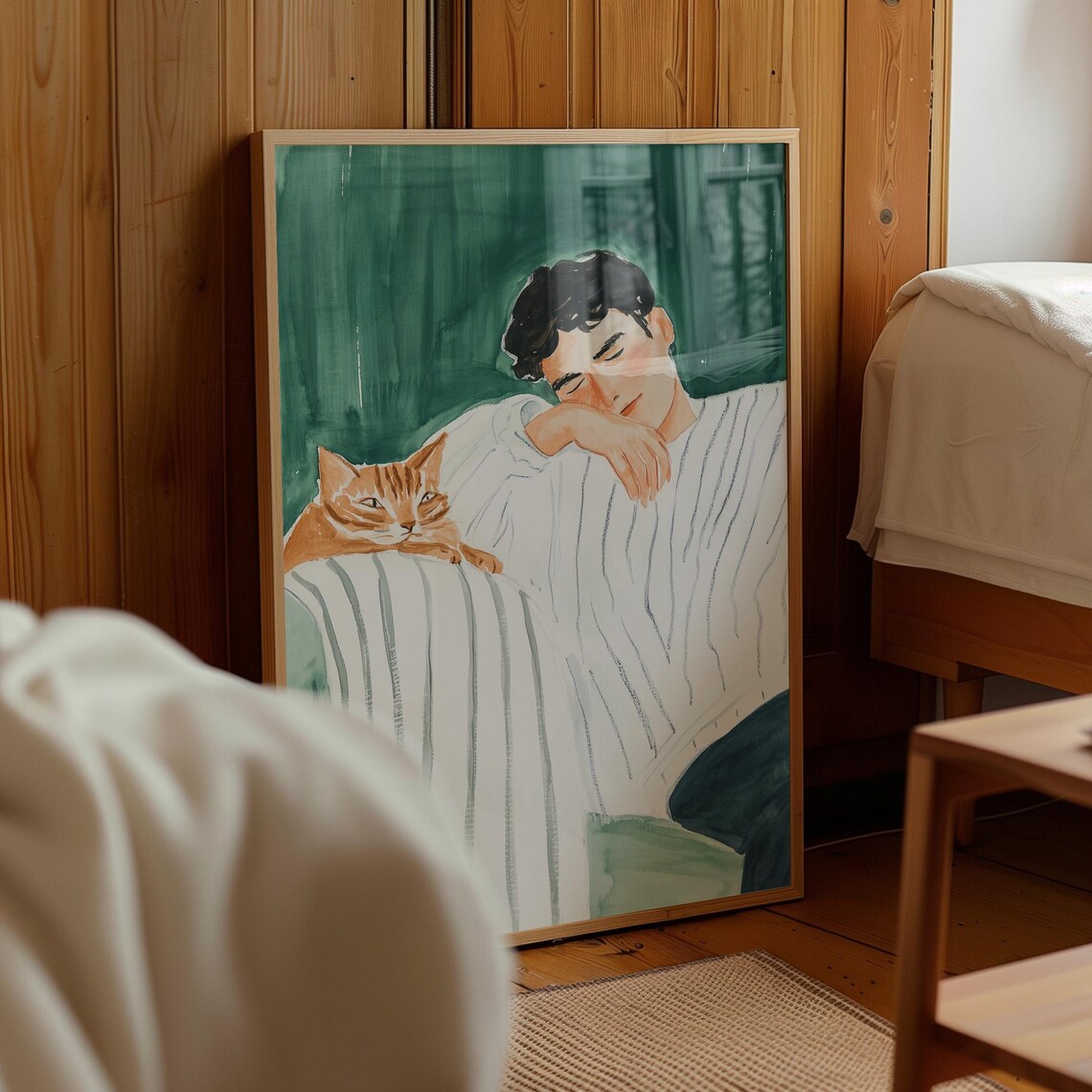 Cozy Man And Orange Cat Watercolor Portrait Emerald Green Pet Poster - Image 4