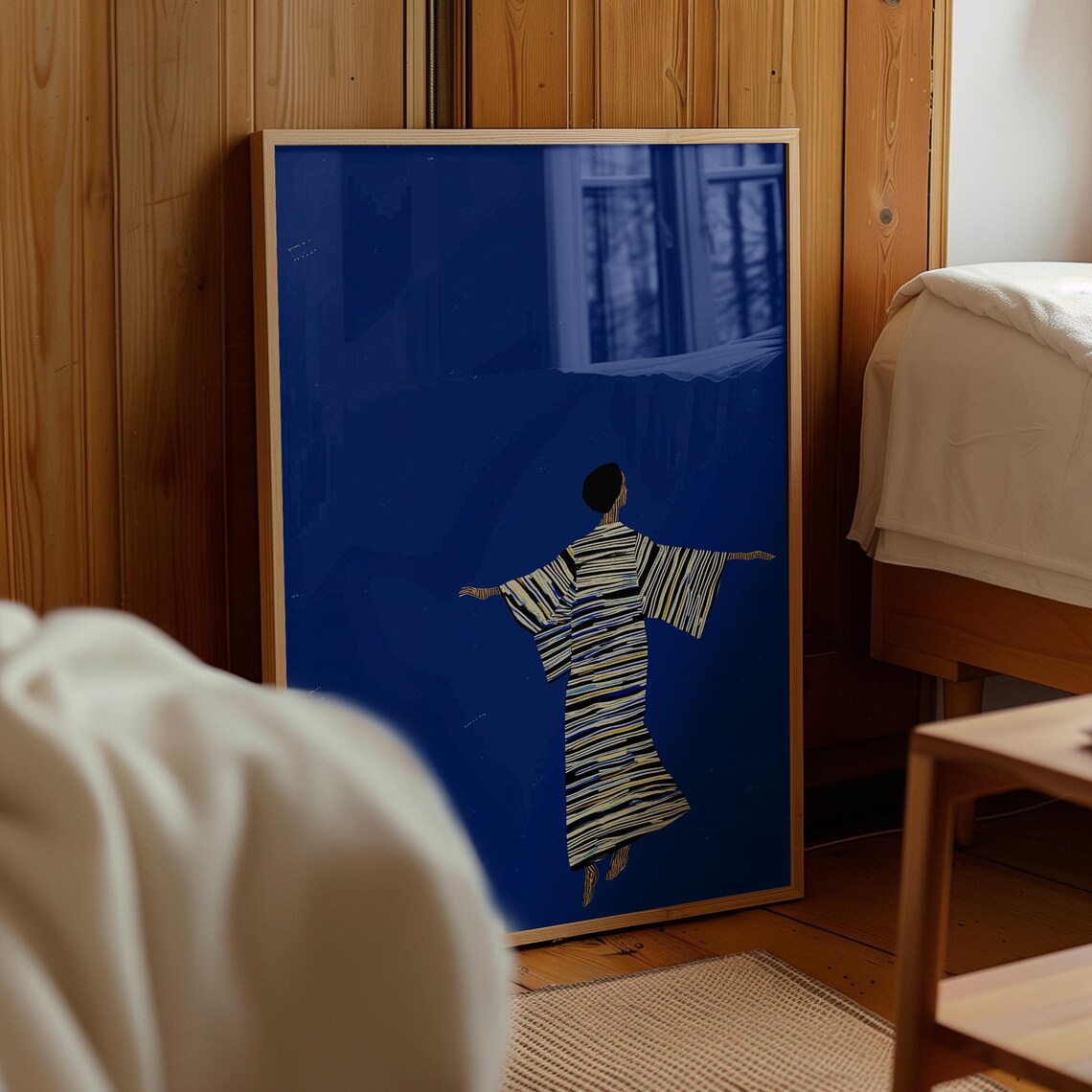 Abstract Woman In Striped Robe Arms Outstretched Deep Blue Modern Poster - Image 3