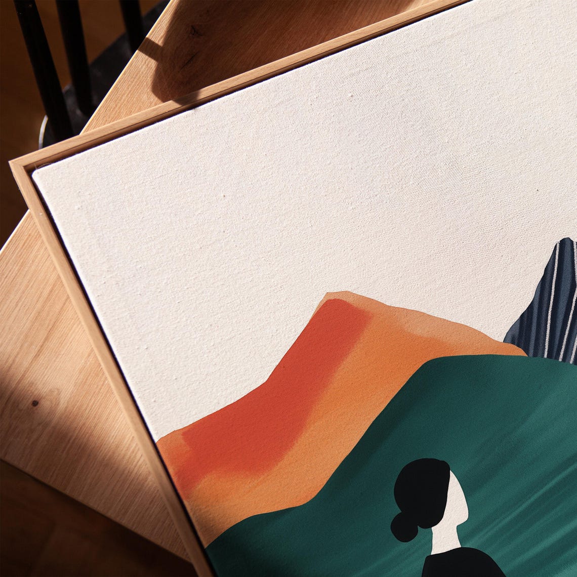 Minimalist Woman Before Colorful Abstract Mountain Peaks Poster - Image 2