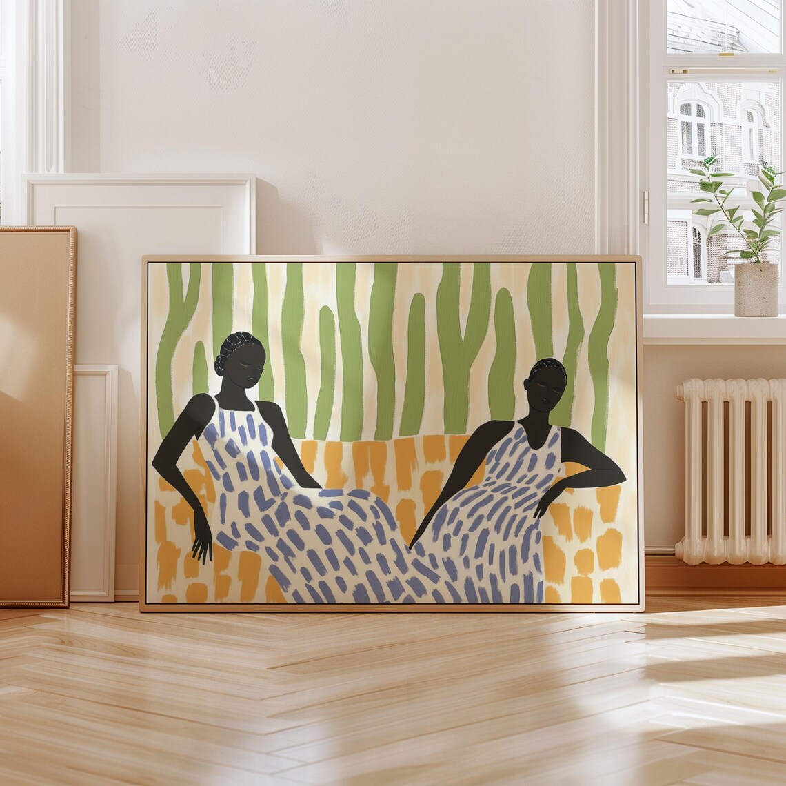 Abstract Women Art Print Modern Minimalist Illustration Vibrant Green And Orange Design Patterned Dresses Contemporary Wall Decor