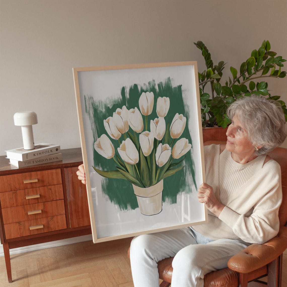 White Tulips in Vase Green Brushstroke Floral Painted Poster