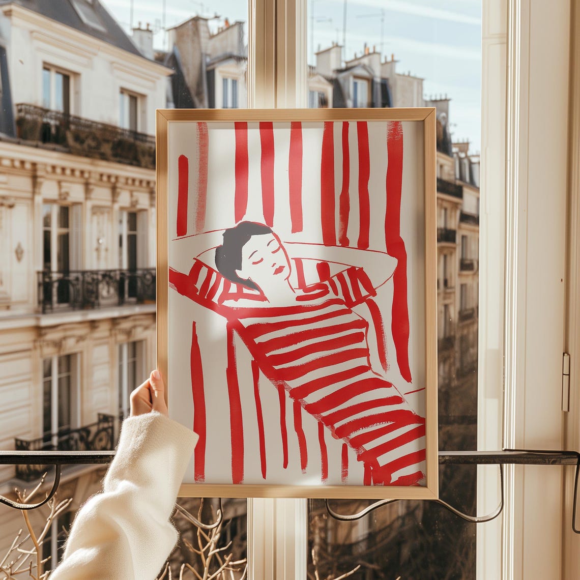 Reclining Woman in Red and White Stripes Bold Abstract Poster - Image 2
