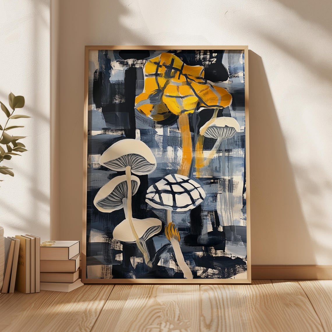 Abstract Mushroom Art Moody Mustard Yellow White Botanical Poster