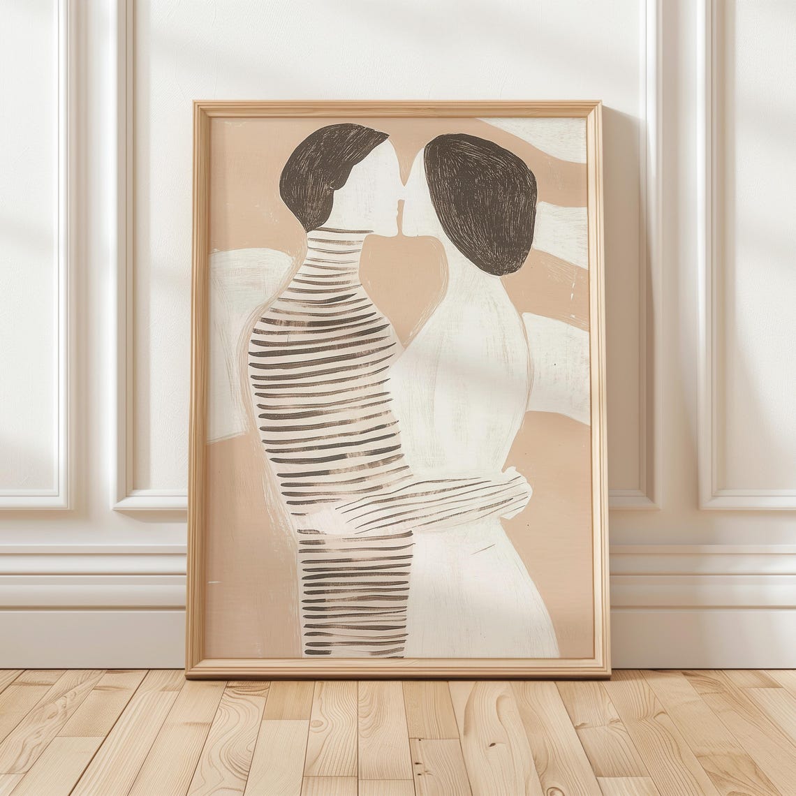Abstract Kissing Couple Neutral Beige Minimalist Love Wall Art
