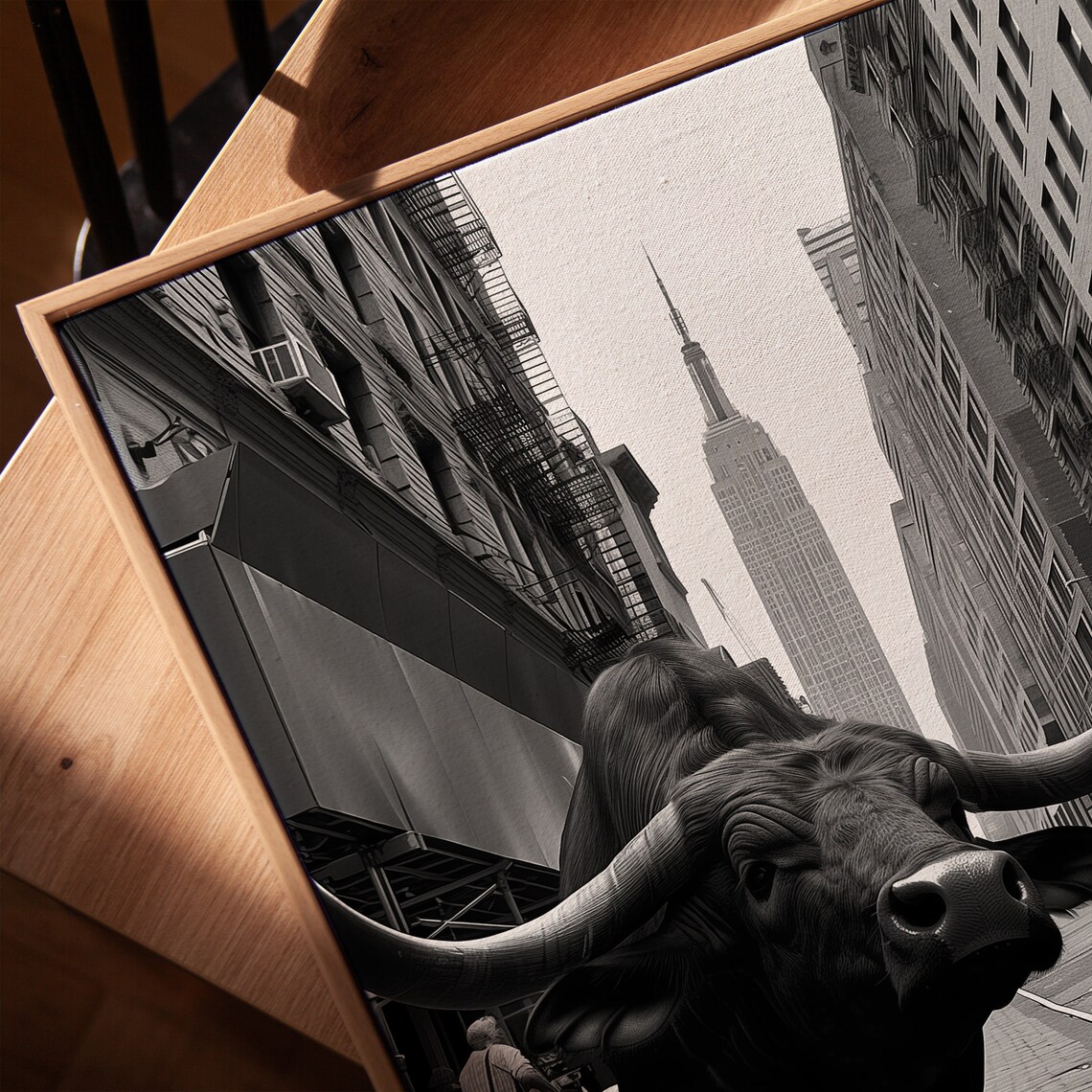 Black Bull On Wall Street Surreal Black And White Photography Poster - Image 4