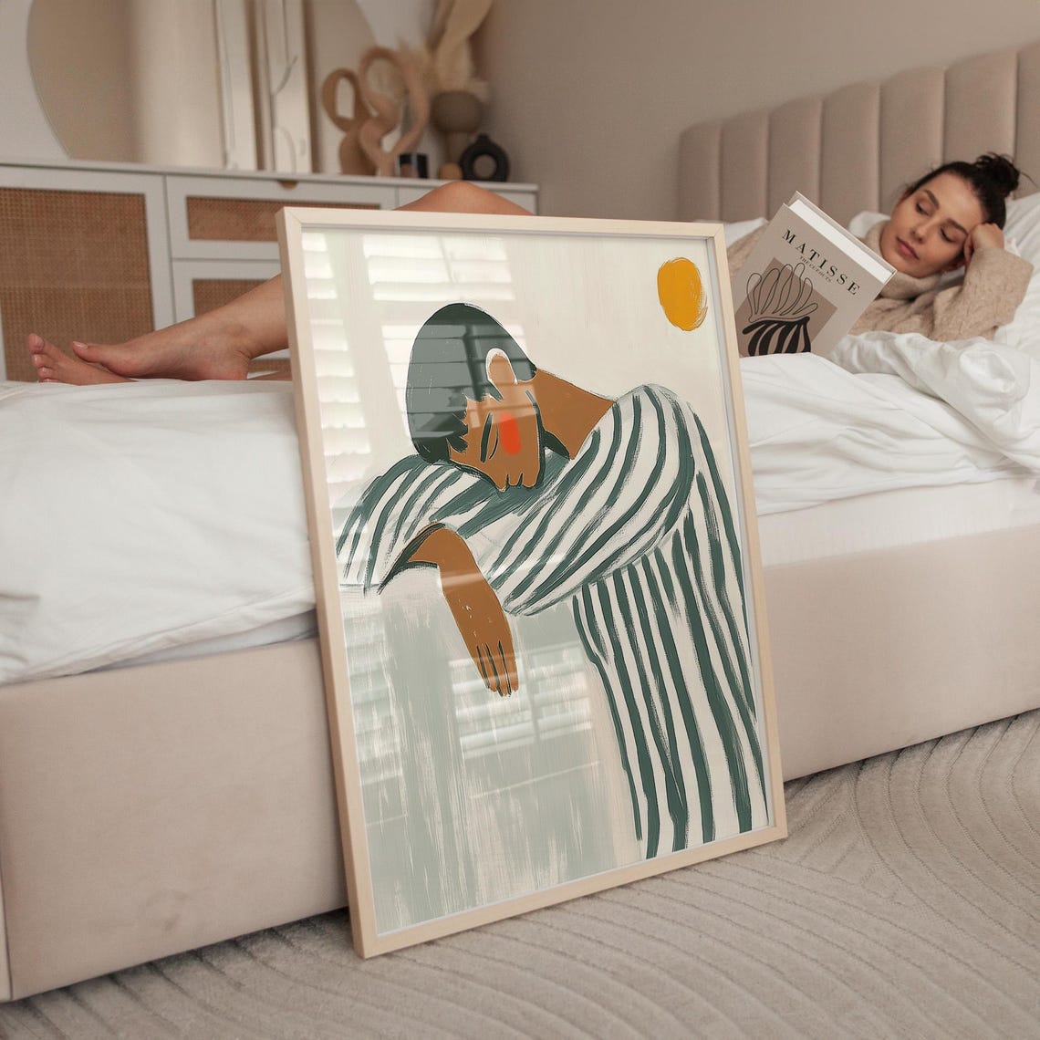 Sleeping Figure in Green Gray Stripes Under Orange Sun Poster - Image 5