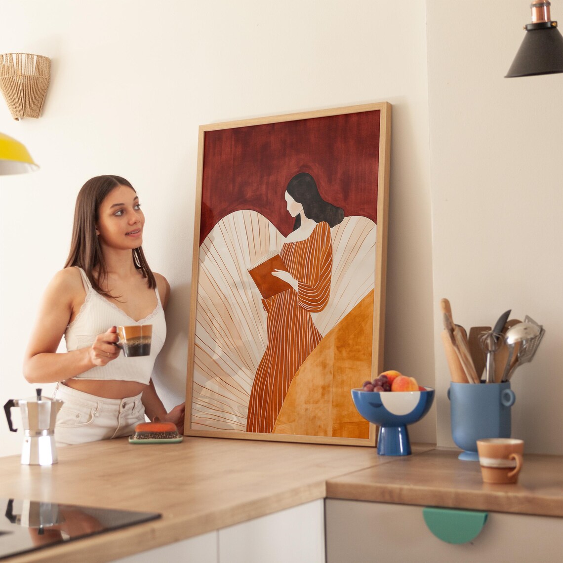Striped Dress Woman Reading, Minimalist Art Print