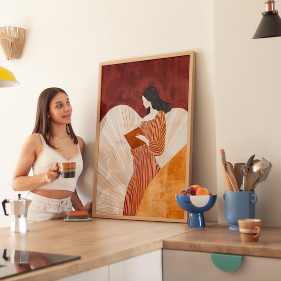 Striped Dress Woman Reading, Minimalist Art Print
