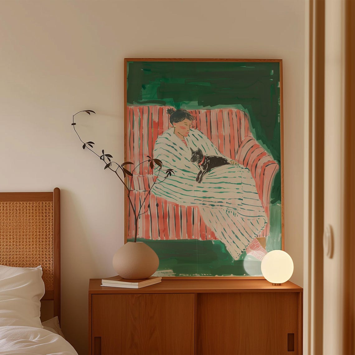 Cozy Woman Cuddling Dog On Striped Couch Green Pet Painting Poster - Image 4
