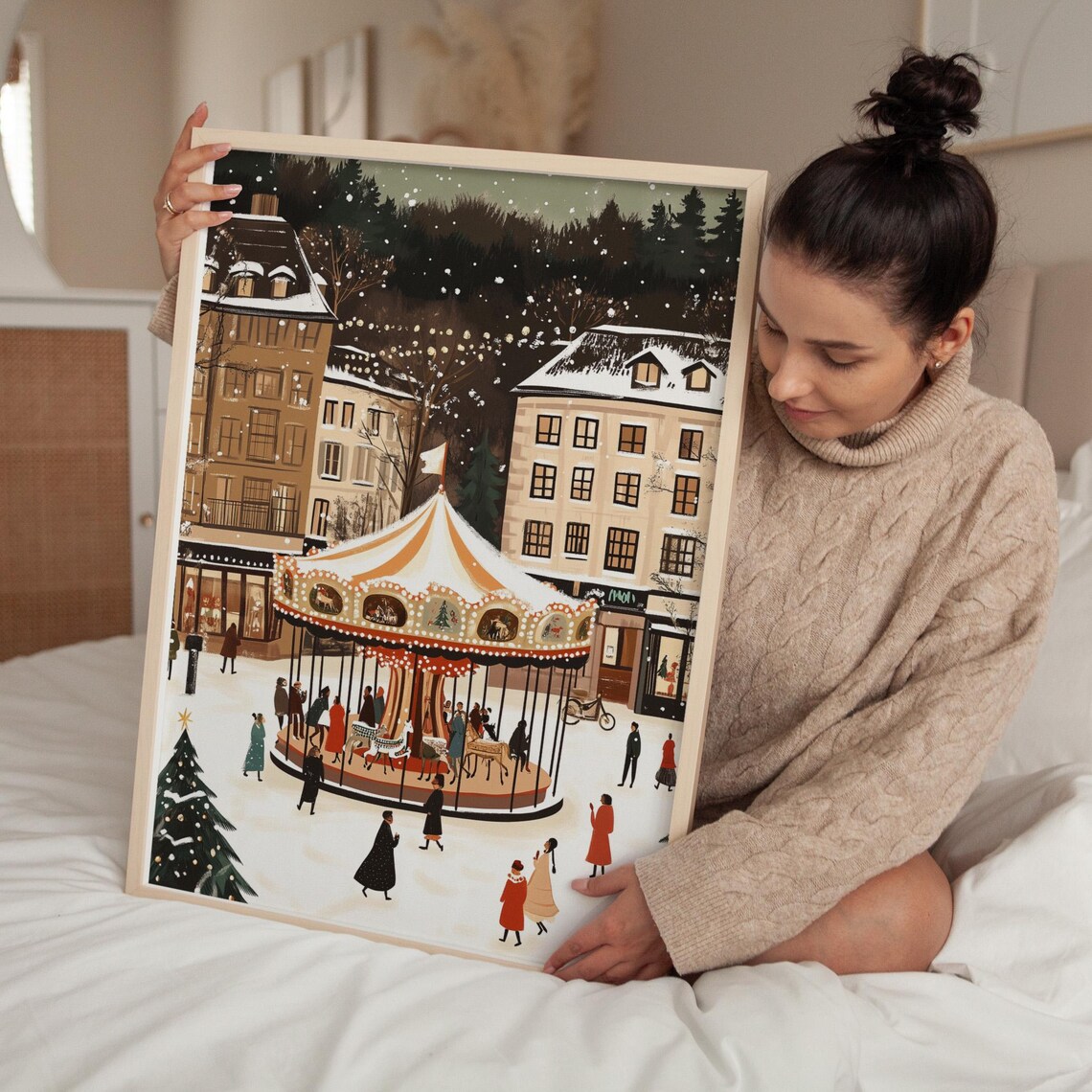 Retro Christmas Market Art Print, Mid-Century Holiday Decor