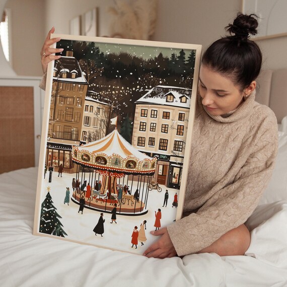 Retro Christmas Market Art Print, Mid-Century Holiday Decor