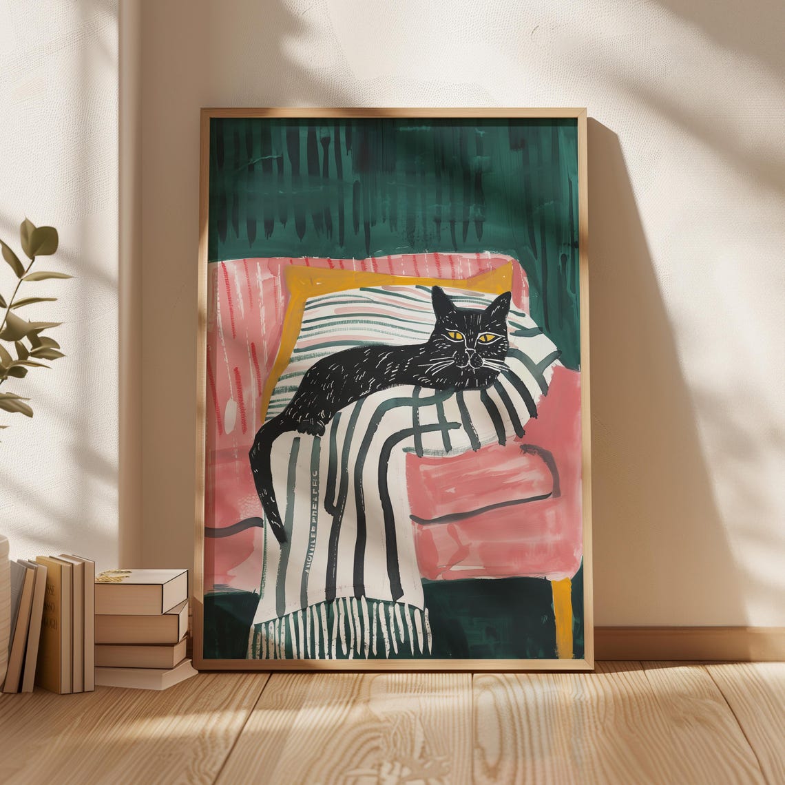 Black Cat On Pink Chair Striped Blanket Emerald Modern Pet Art Poster - Image 4