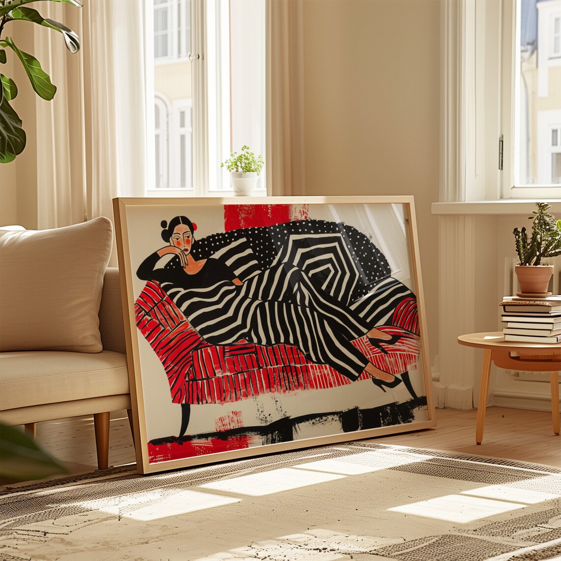 Bold Abstract Woman on Red Sofa, Wall Art Print - Image 4