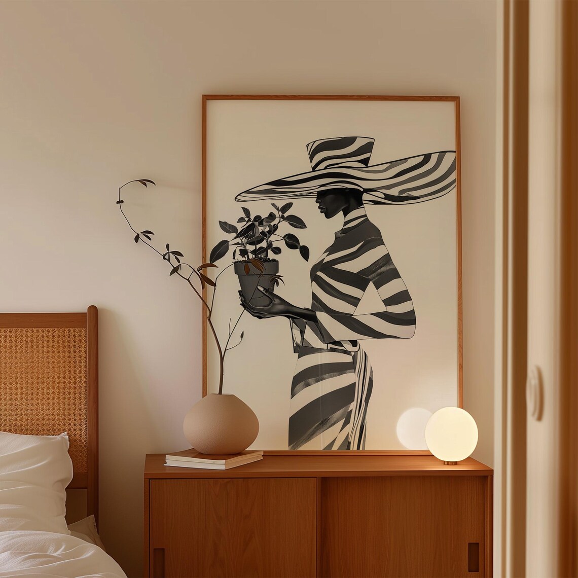 Woman Striped Sun Hat Potted Plant Black White Fashion Poster - Image 4