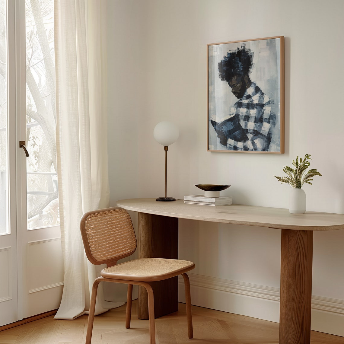 Abstract Afro Man Reading Book Muted Blue Contemporary Poster - Image 2