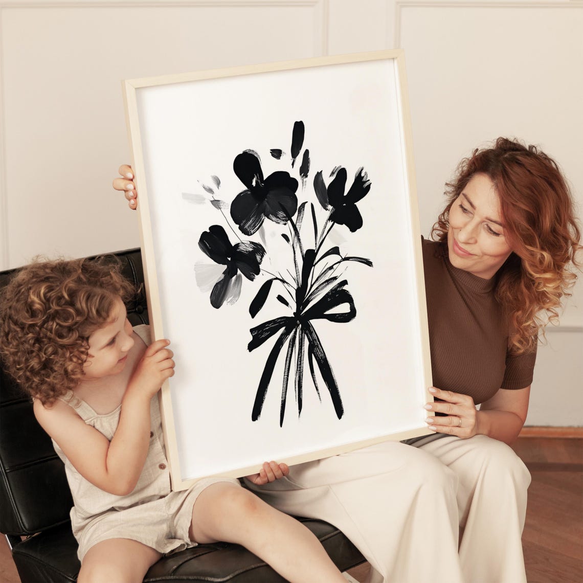 Black And White Floral Bouquet Ribbon Bow Ink Botanical Poster
