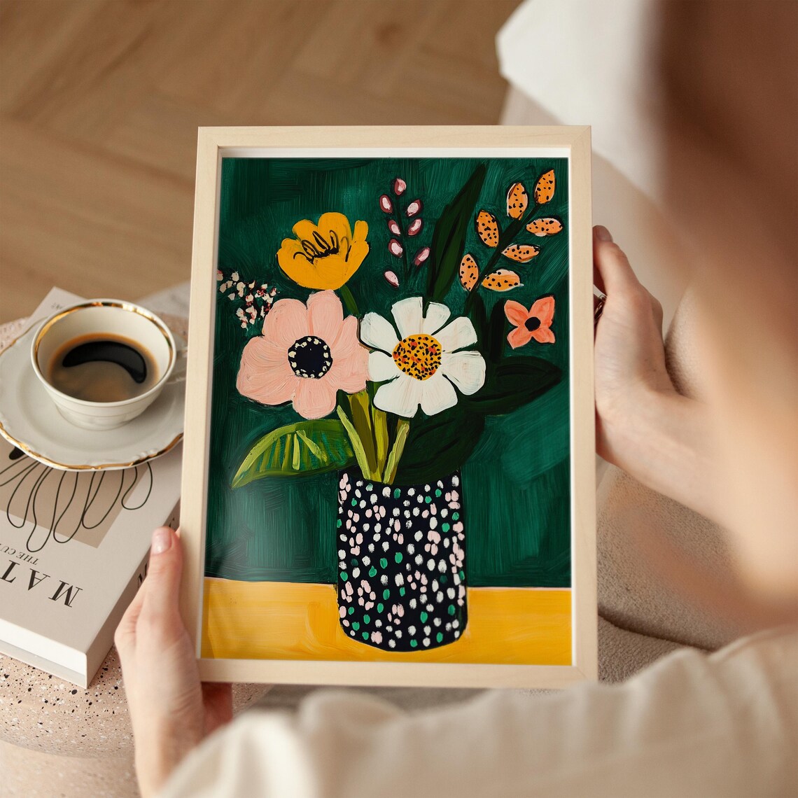 Colorful Flower Bouquet Dotted Vase Dark Green Folk Floral Art Poster - Image 3