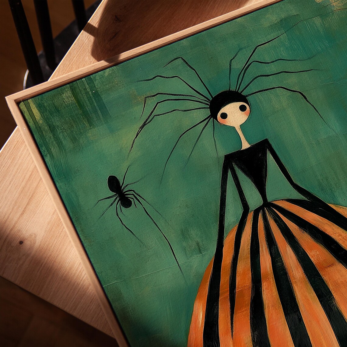 Whimsical Spider Hair Girl in Striped Dress Halloween Art Poster - Image 3