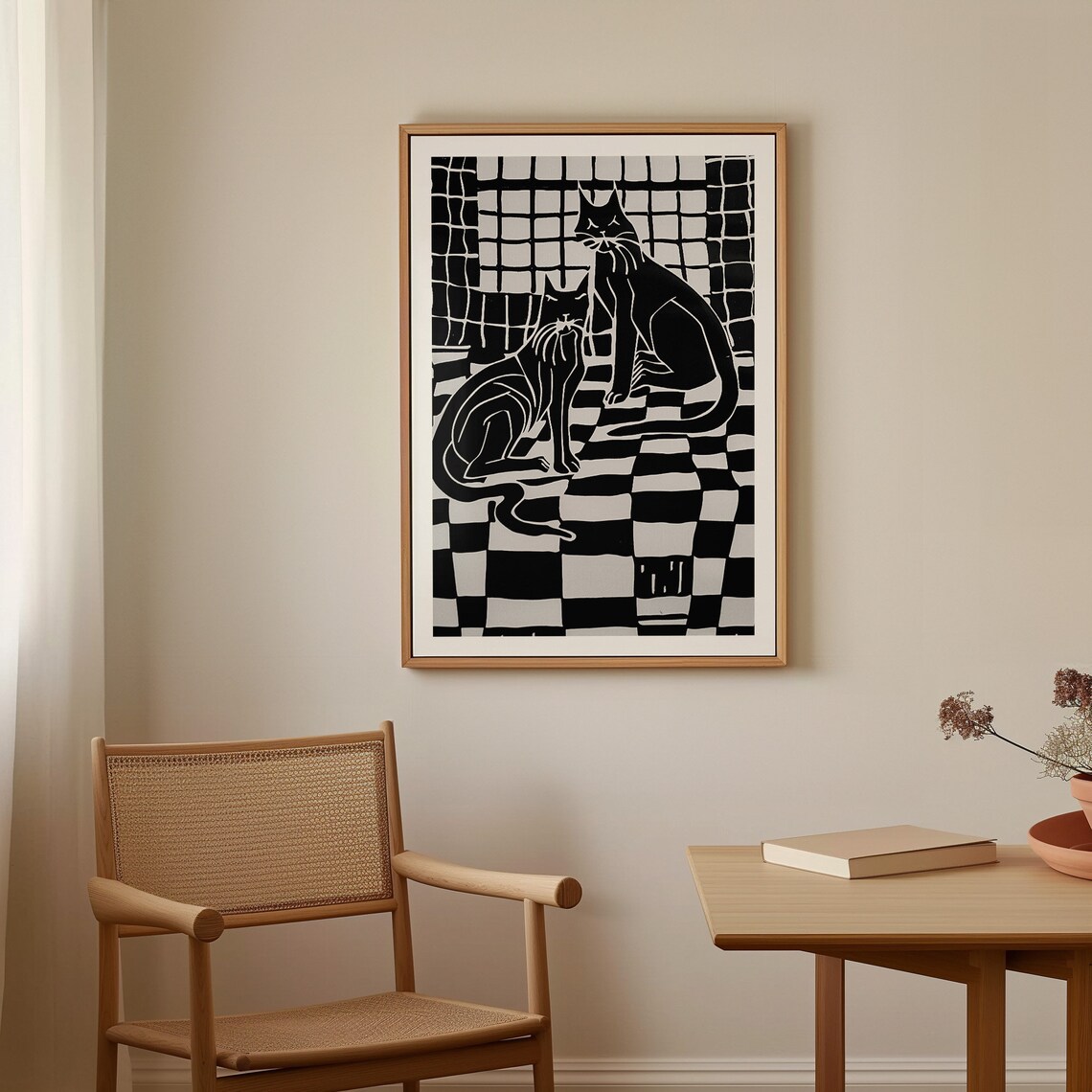 Black and White Linocut Two Cats on Checkerboard Floor Art Deco Poster - Image 3