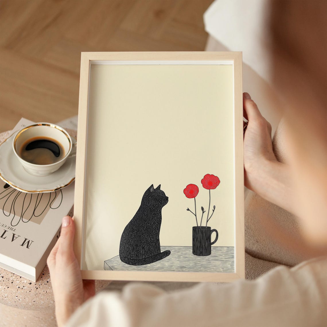 Black Cat and Red Poppies Minimalist Line Illustration Poster - Image 2
