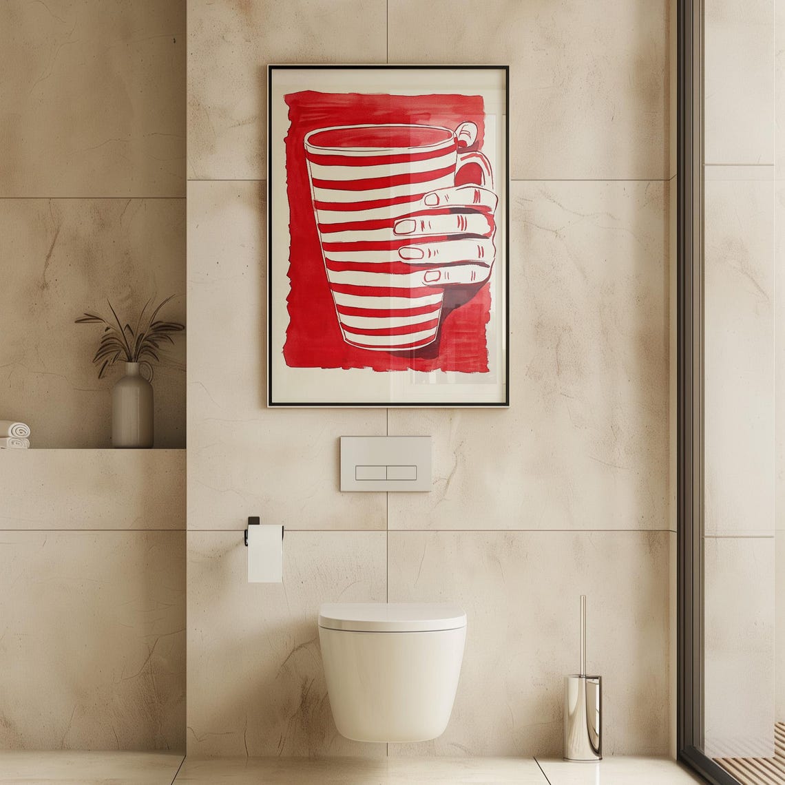 Red Striped Coffee Mug in Hand Bold Kitchen Illustration Poster - Image 4
