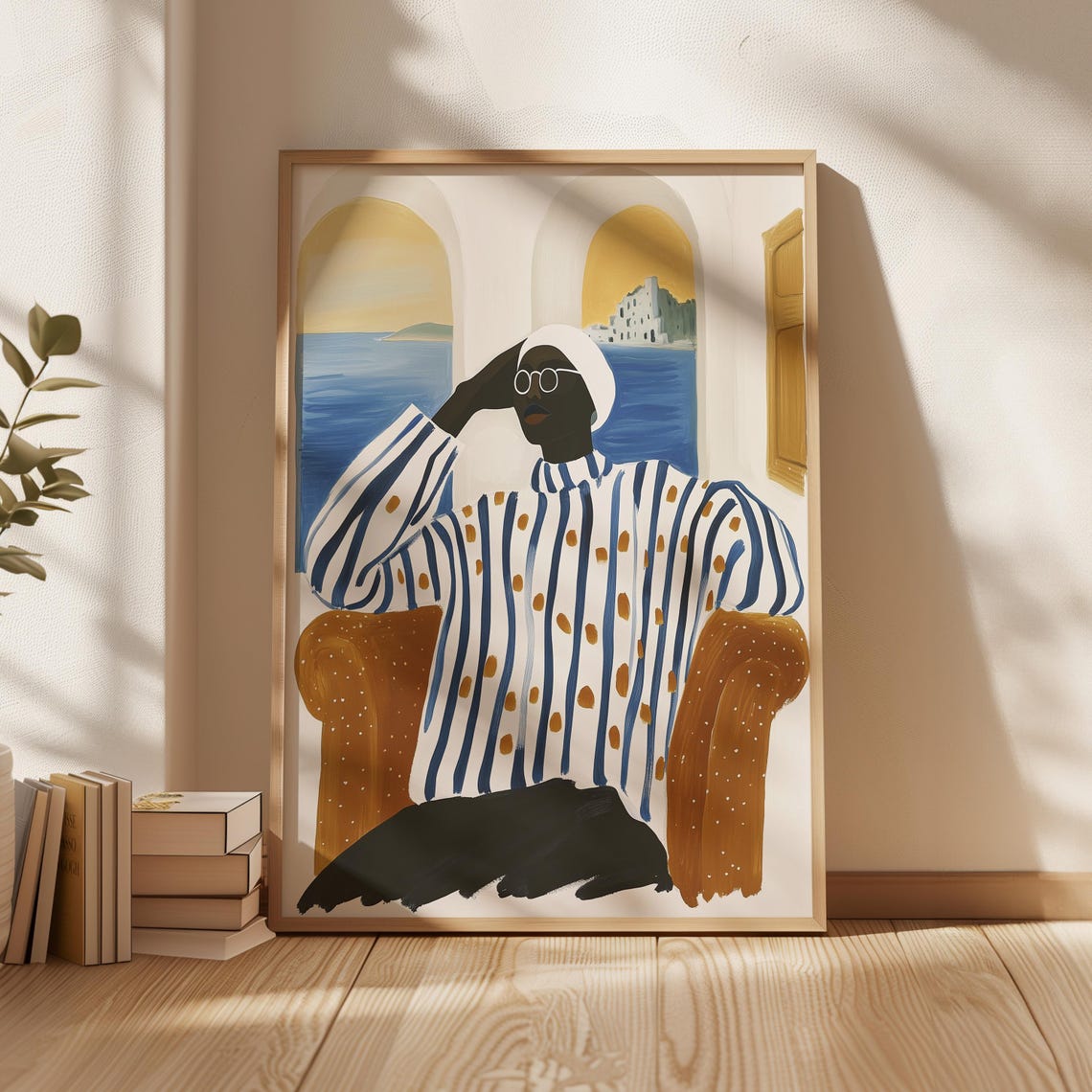 Stylish Figure Lounging by a Mediterranean Terrace Archway Poster