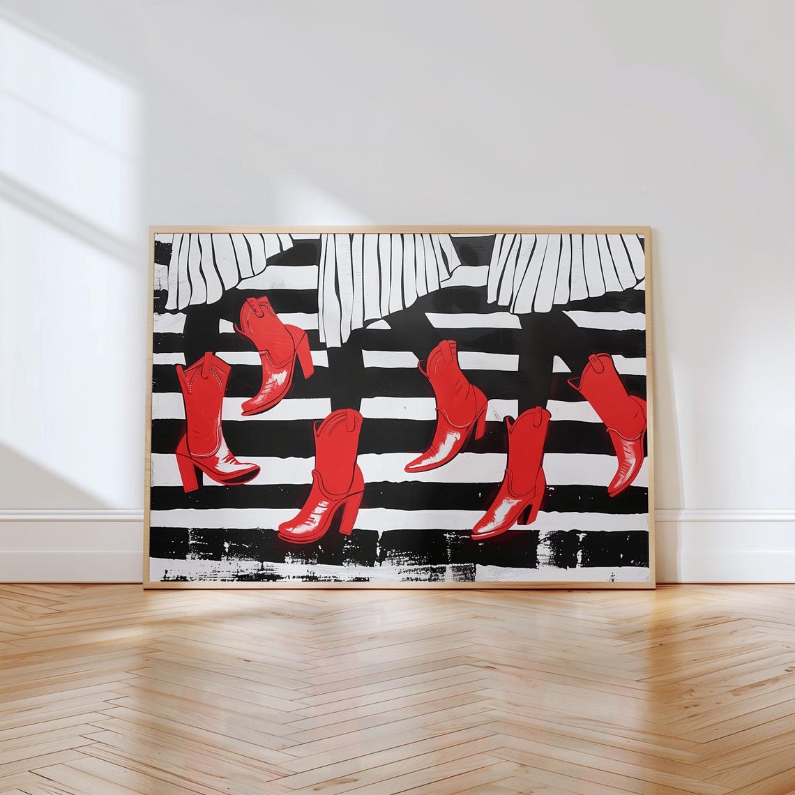 Red Cowboy Boots Dancing On Striped Floor Whimsical Western Art Poster