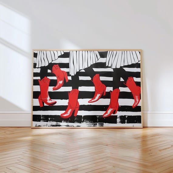 Red Cowgirl Boot Print Cute Afro Girl Painting Trendy Dorm Decor Western Wall Art Vintage Abstract Red Boots