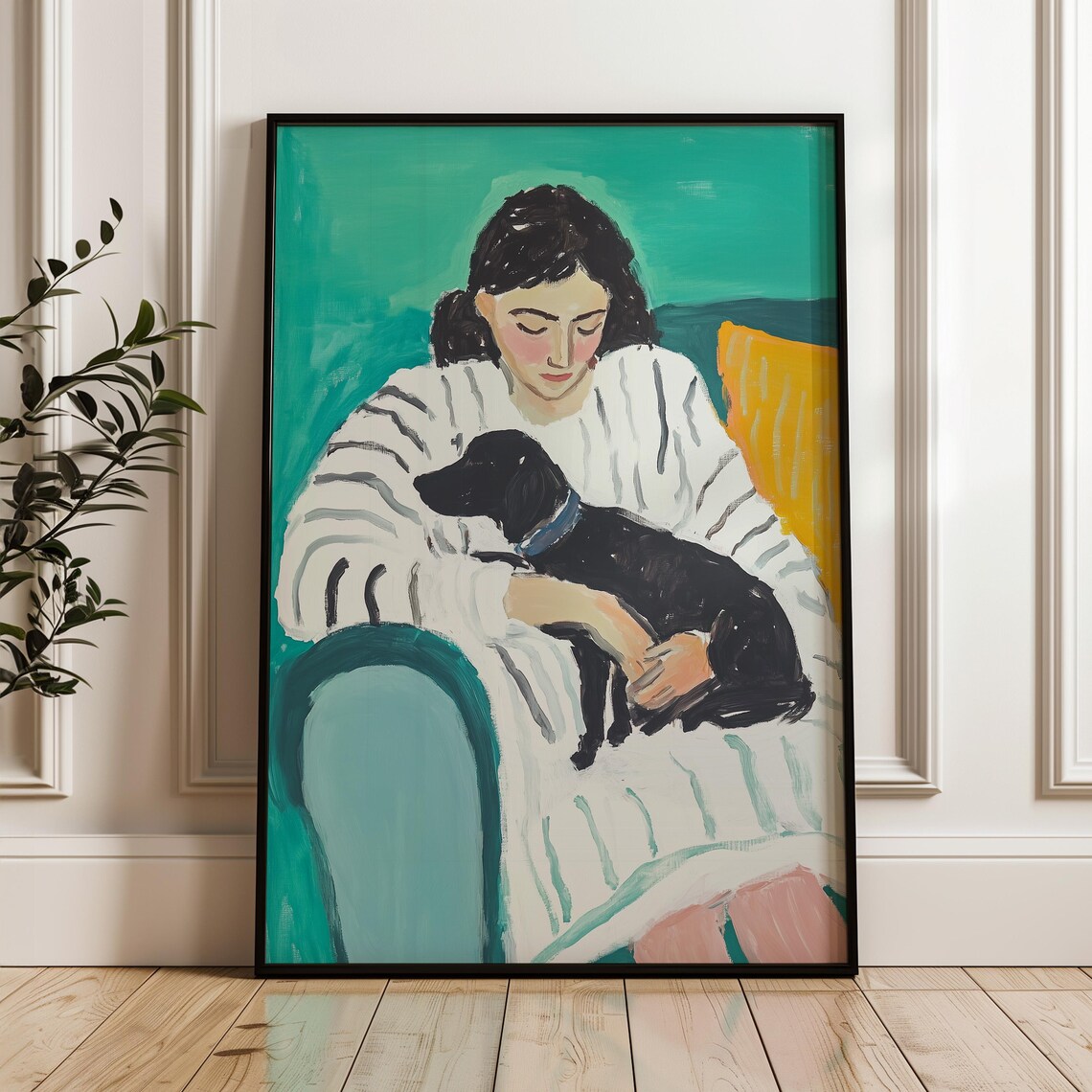 Cozy Woman Hugging Black Dog Colorful Expressive Portrait Poster