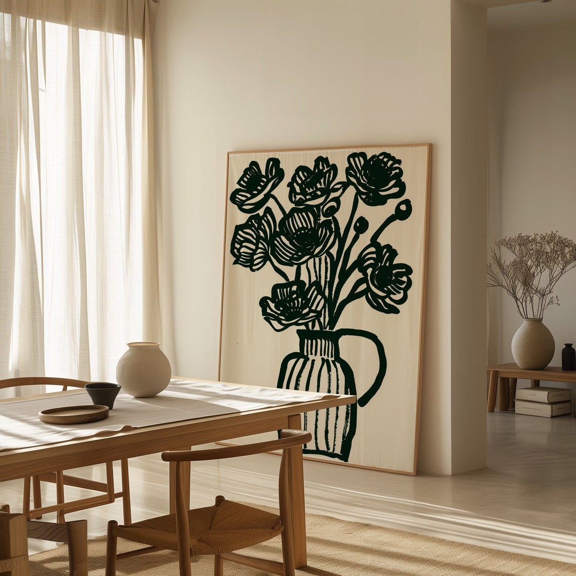 Black Line Art Flower Vase Beige Neutral Botanical Wall Poster - Image 3