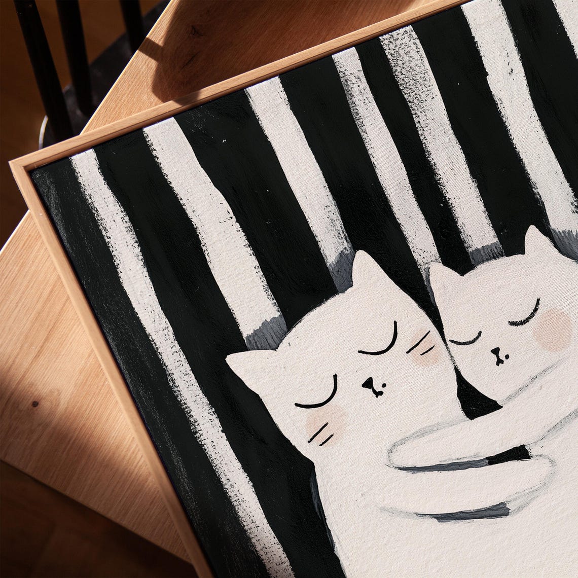 Two Hugging White Cats On Stripes Sweet Cat Couple Art Poster - Image 3