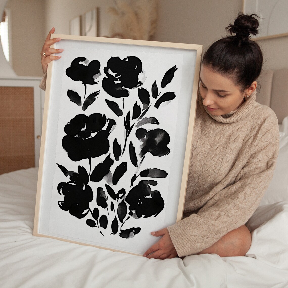 Monochrome Black Floral Ink Painting Elegant Botanical Poster