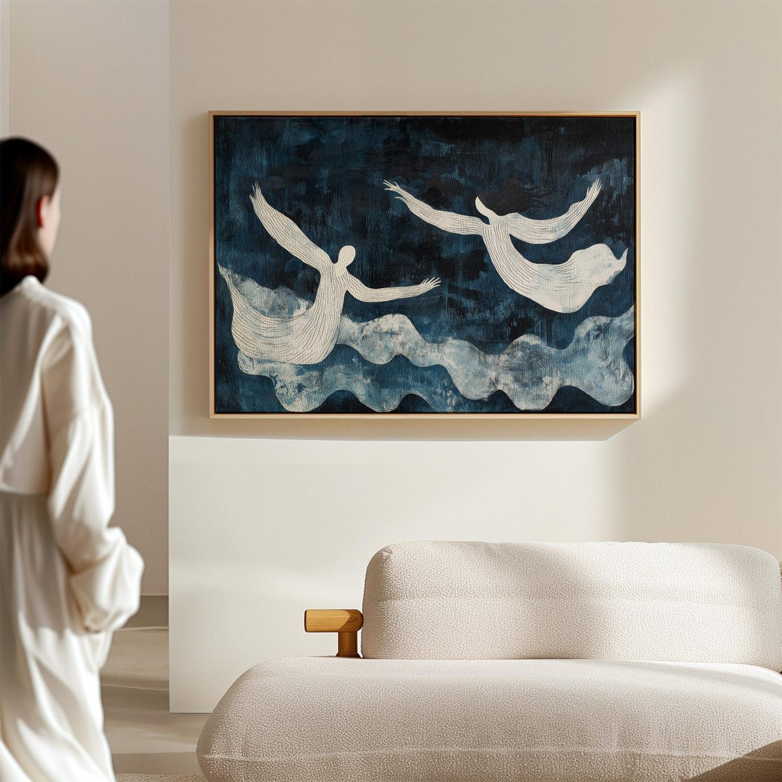 Two White Angels Flying Over Dark Navy Clouds Dreamlike Art Poster - Image 4