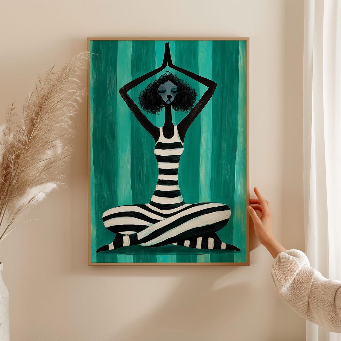 Meditating Poodle in a Striped Yoga Pose on a Teal Ground Poster