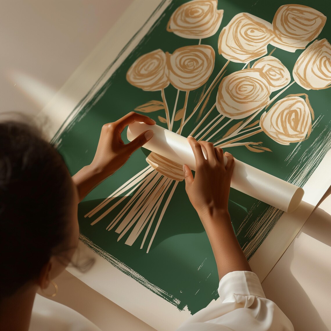 Golden Rose Bouquet On Dark Green Minimalist Floral Wall Art - Image 2