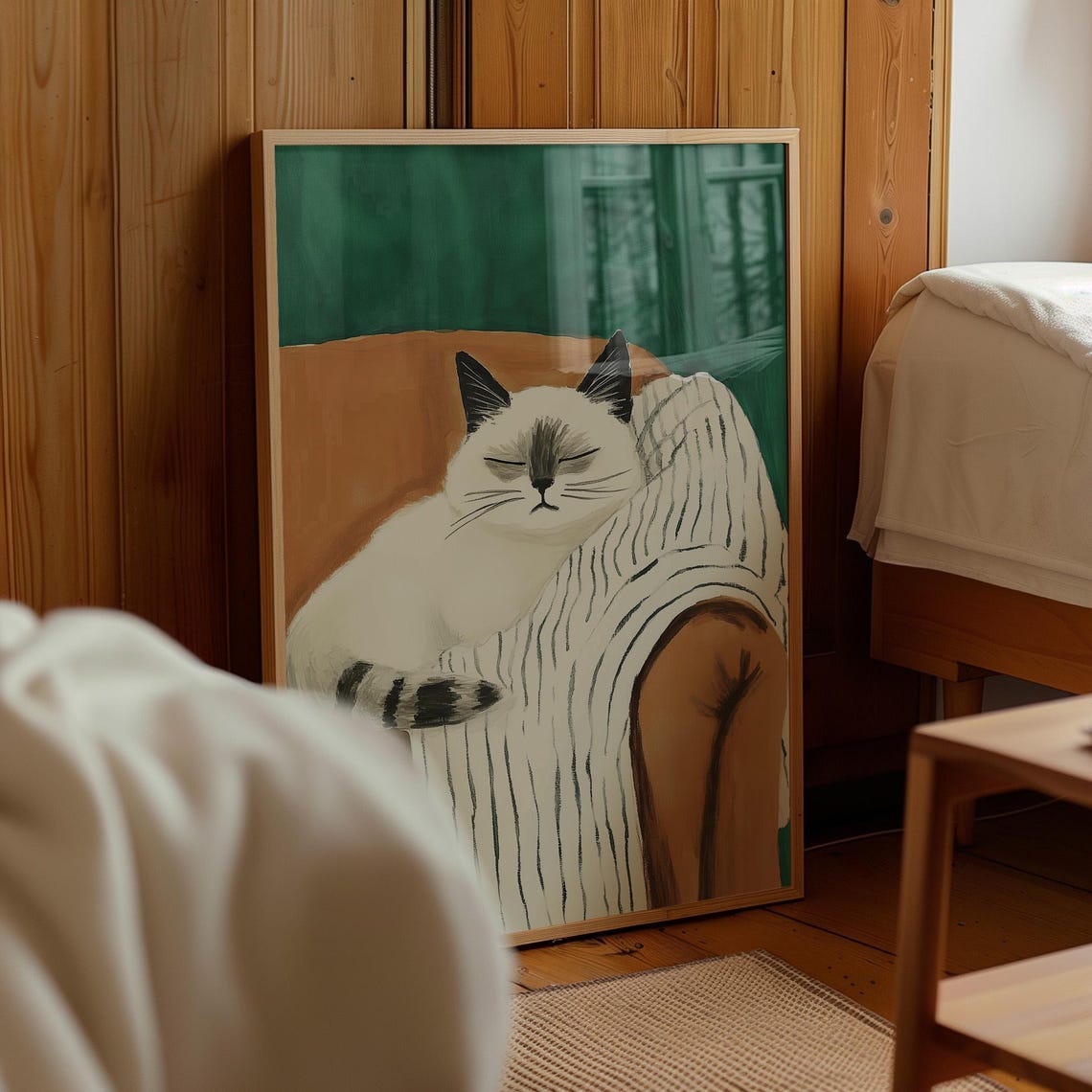 Sleeping White Cat Dark Ears Striped Chair Green Cozy Pet Poster - Image 4