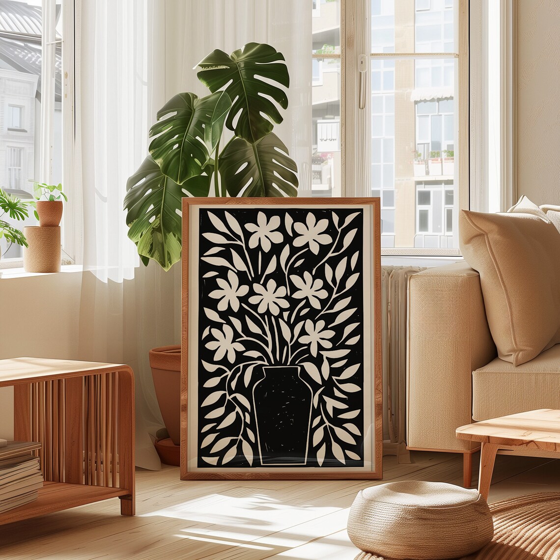 Flower Vase Black White Abstract Botanical Art Print - Image 2