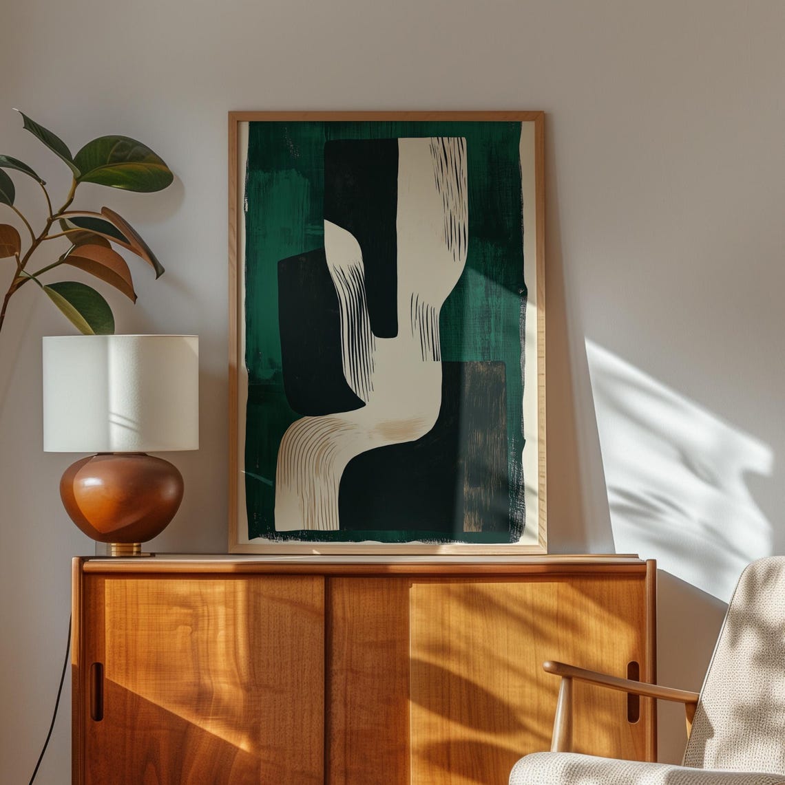 Emerald Green Black Cream Abstract Shapes Modern Geometric Art Poster - Image 2