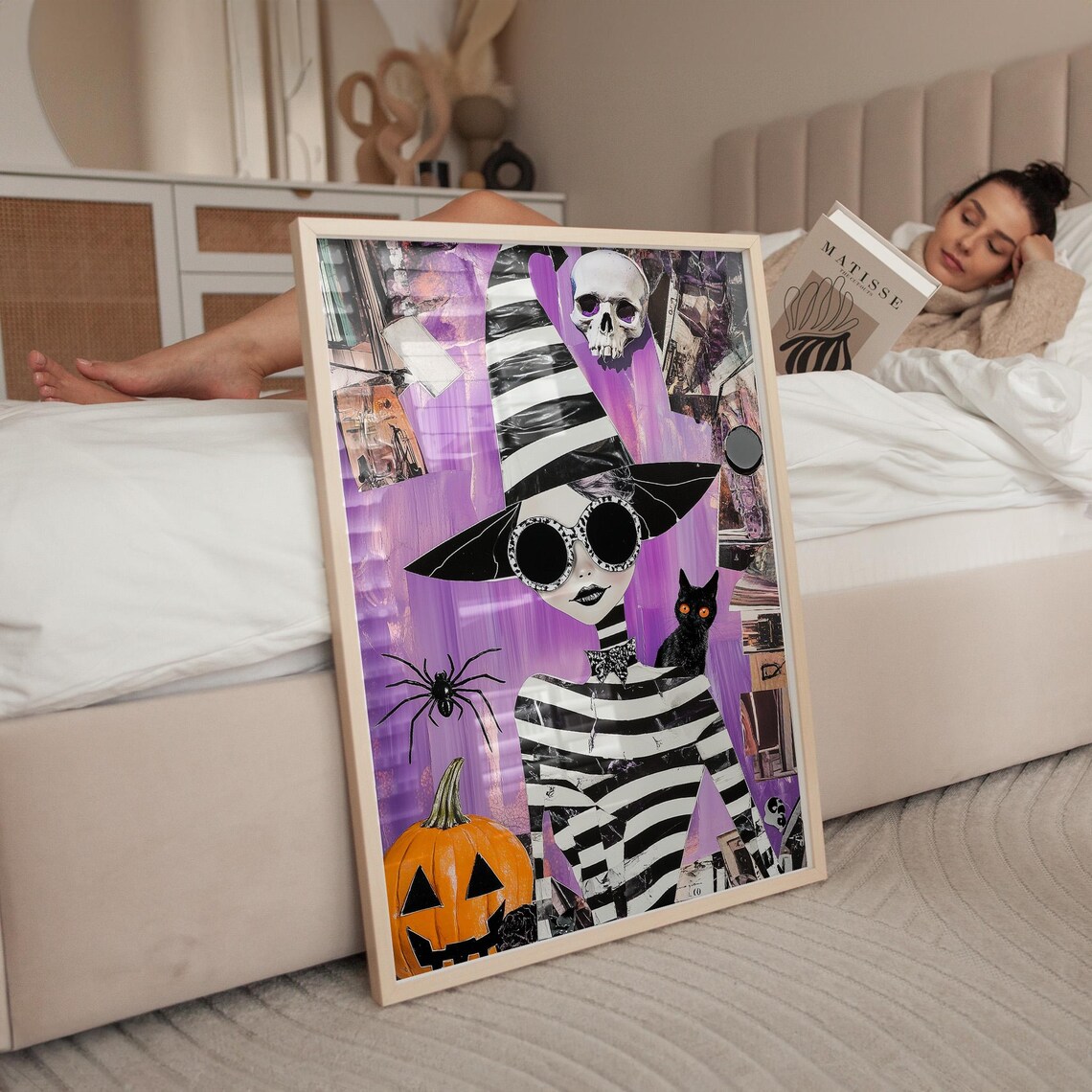 Purple Collage Witch With Sunglasses Black Cat Skull Halloween Art Poster - Image 3