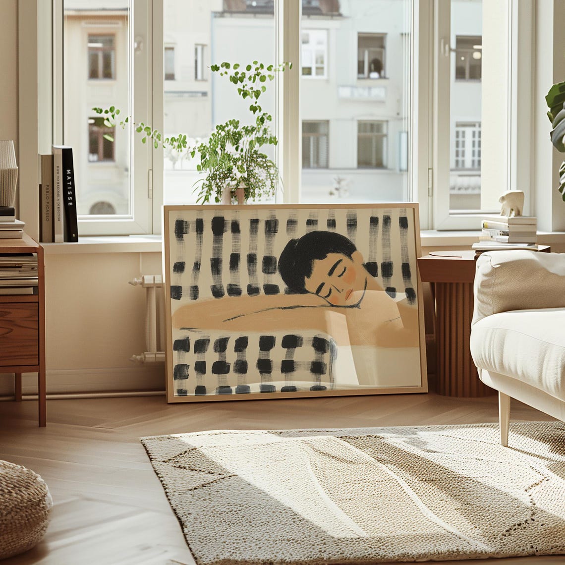 Sleeping Woman Resting Against Black White Brushstroke Stripes Poster - Image 5