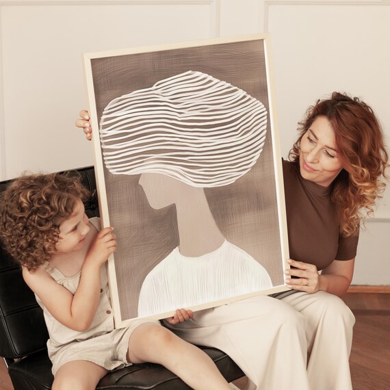 Minimalist Woman With Big Striped Hat Line Art Beige Portrait Poster