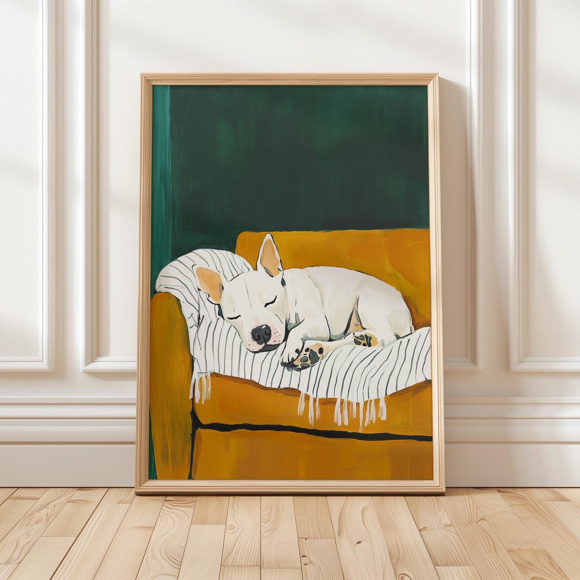 White Bulldog Sleeping On Couch Mustard Cozy Pet Painting Poster - Image 4